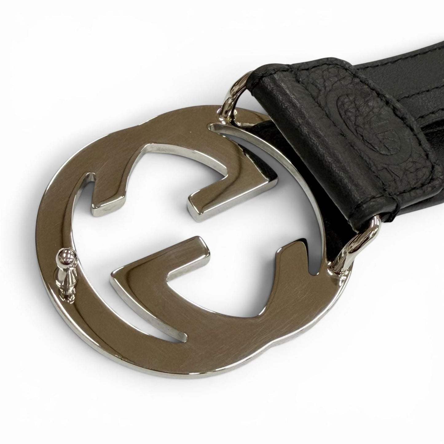 Gucci Leather GG Pattern Interlocking Buckle Wide Belt Black Silver