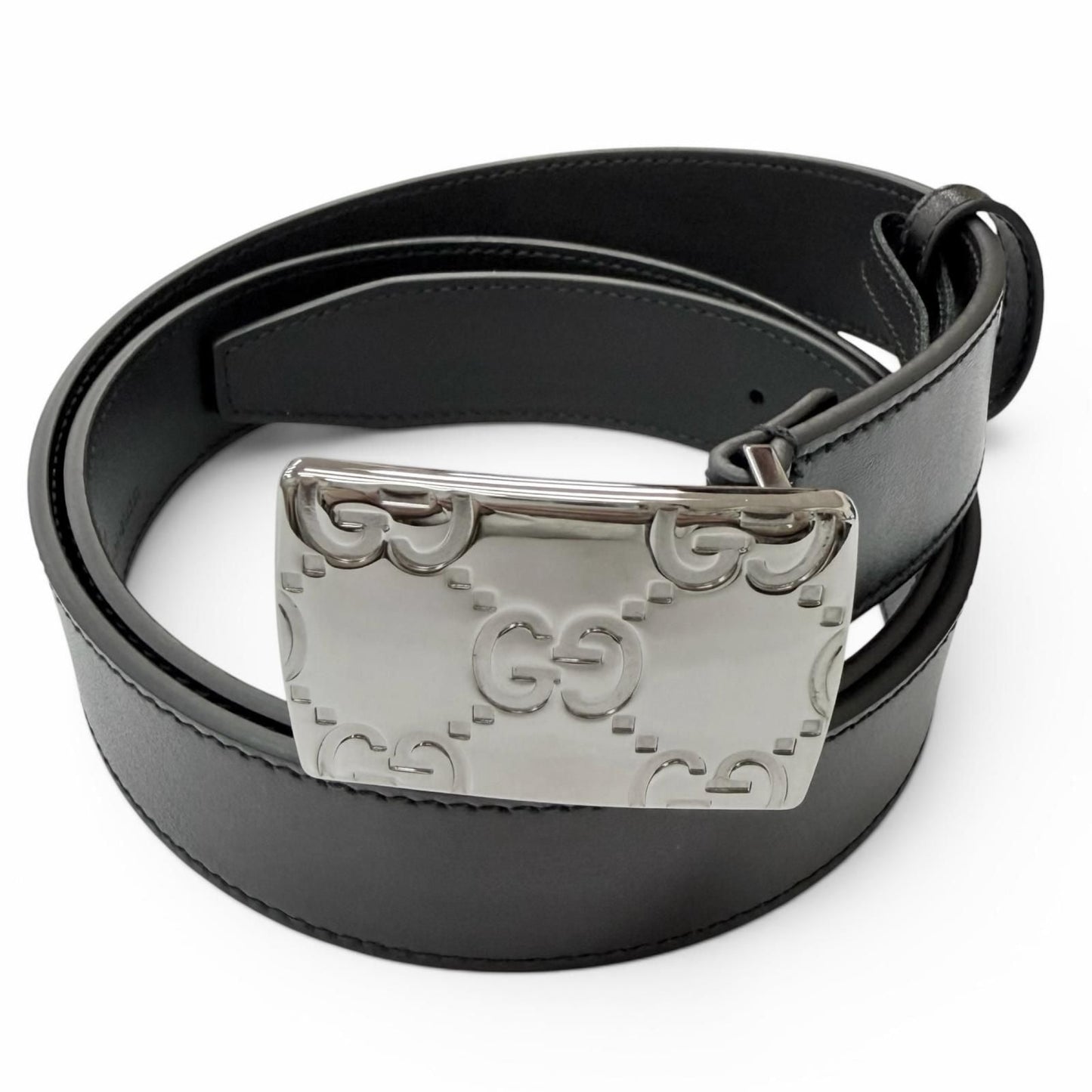 Gucci GG Logo Square Buckle Leather Belt Black Silver 90 36 Recommended